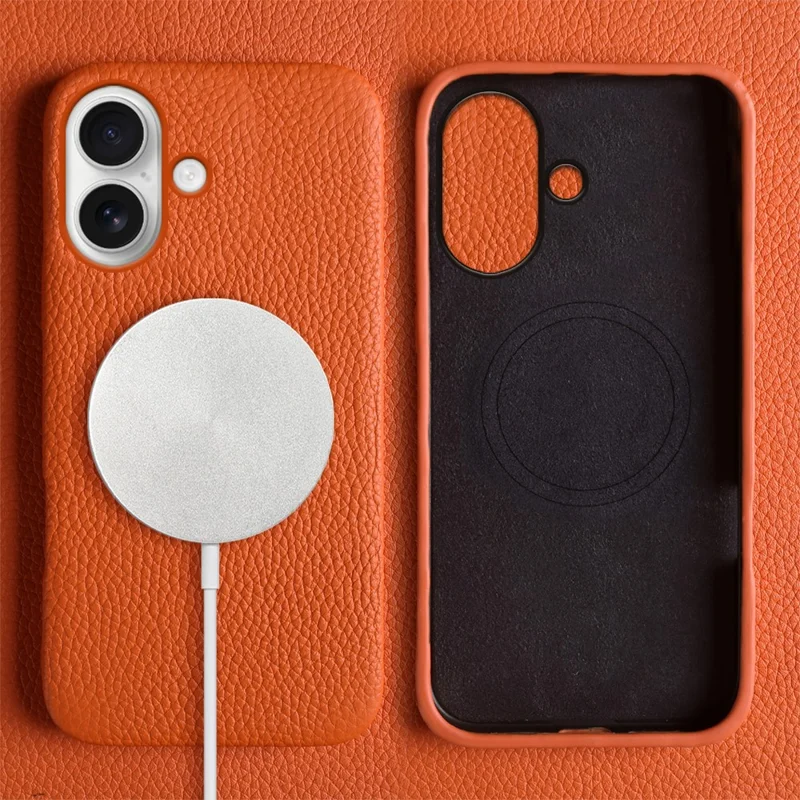 Custodia per iPhone 17 compatibile con MagSafe Texture Litchi Vera pelle di mucca + Custodia per telefono in PC - Arancione