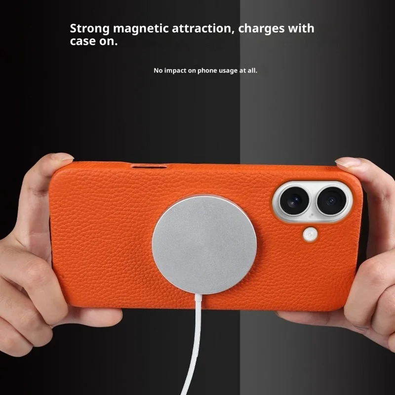 Custodia per iPhone 17 compatibile con MagSafe Texture Litchi Vera pelle di mucca + Custodia per telefono in PC - Arancione