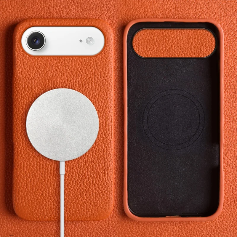 Étui Air iPhone compatible avec MagSafe Texture de litchi Cuir véritable de vache + Coque de téléphone en PC - Orange