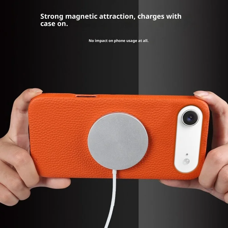 Étui Air iPhone compatible avec MagSafe Texture de litchi Cuir véritable de vache + Coque de téléphone en PC - Orange