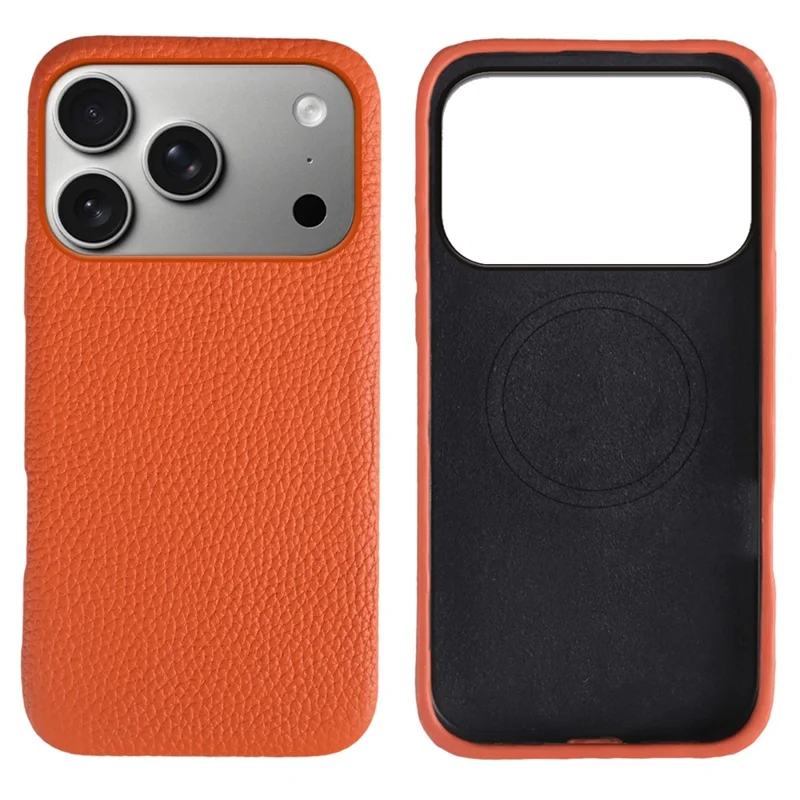 Custodia iPhone 17 Pro Compatibile con MagSafe Texture Litchi Pelle Bovina Genuina + Copertura Telefonica in PC - Arancione