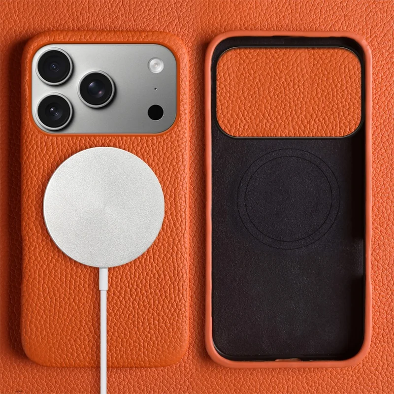 Custodia iPhone 17 Pro Compatibile con MagSafe Texture Litchi Pelle Bovina Genuina + Copertura Telefonica in PC - Arancione
