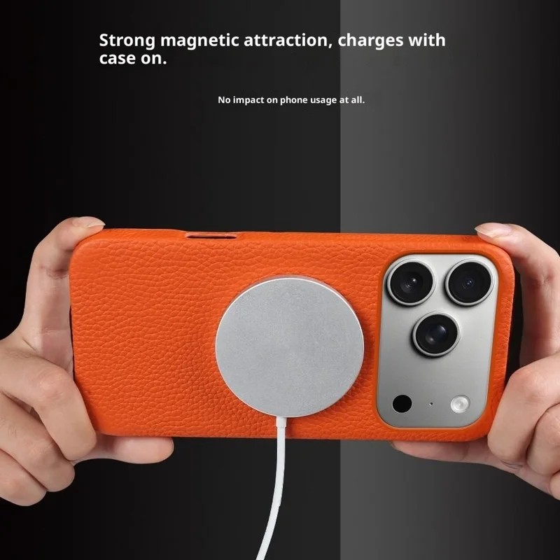 Custodia iPhone 17 Pro Compatibile con MagSafe Texture Litchi Pelle Bovina Genuina + Copertura Telefonica in PC - Arancione