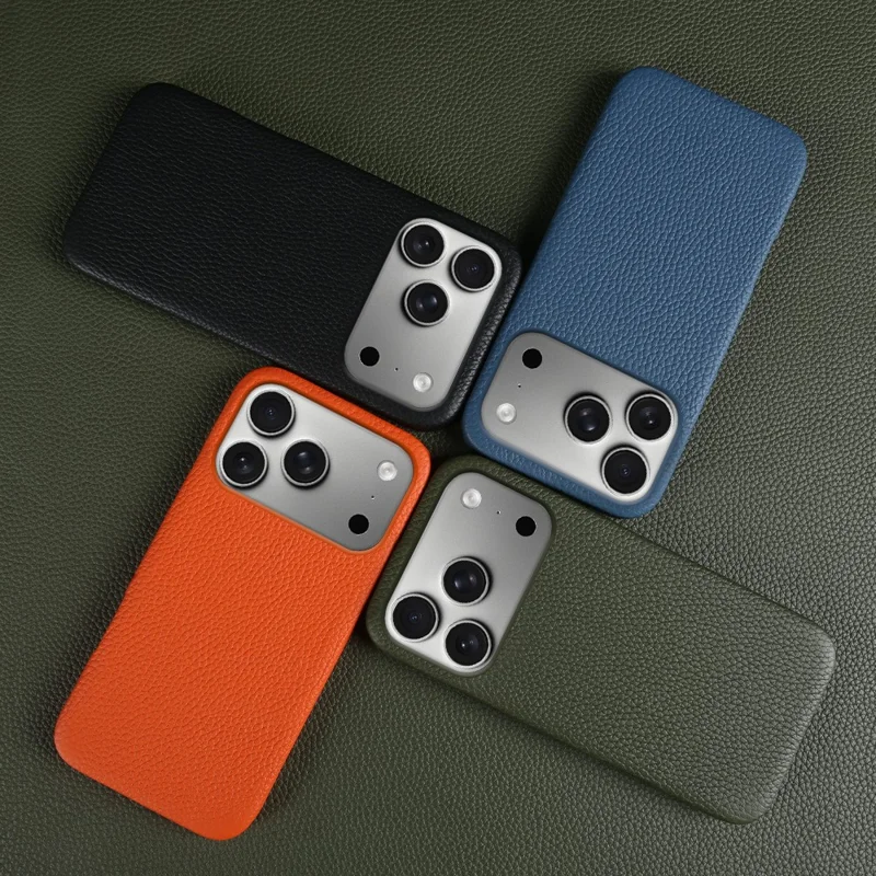 Custodia iPhone 17 Pro Compatibile con MagSafe Texture Litchi Pelle Bovina Genuina + Copertura Telefonica in PC - Arancione