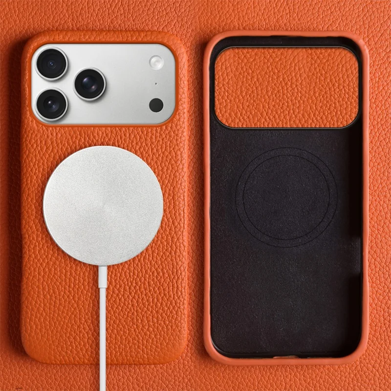 Custodia per iPhone 17 Pro Max compatibile con MagSafe, texture di licheni, vera pelle bovina + cover in PC - Arancione
