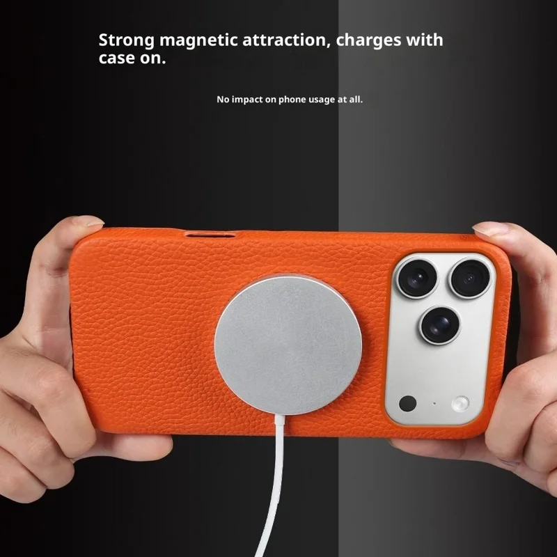 Custodia per iPhone 17 Pro Max compatibile con MagSafe, texture di licheni, vera pelle bovina + cover in PC - Arancione