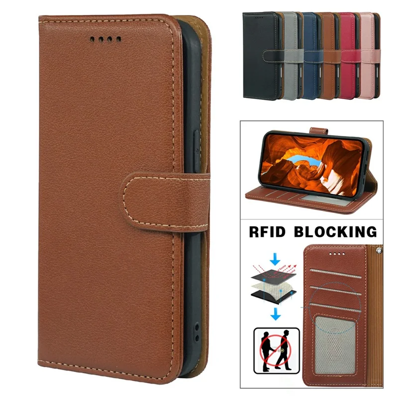 Étui Sony Xperia 10 VII RFID Blocking Wallet Litchi Texture Leather Phone Cover Magnetic Clasp - Brun