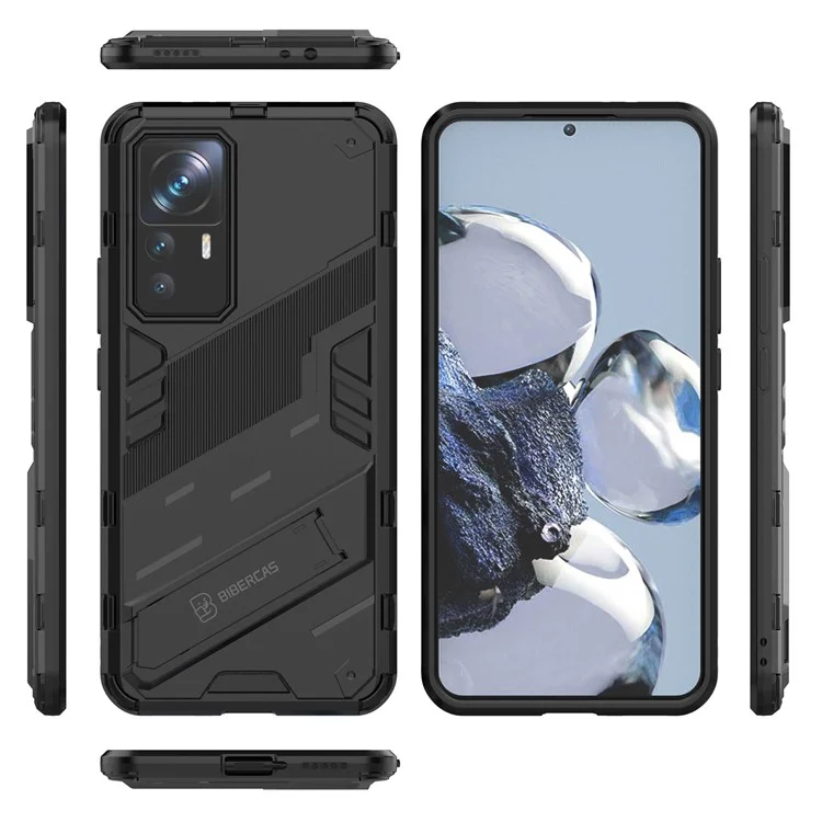 Für Xiaomi 12T Pro 5G Anti-Drop Hard PC+Soft TPU-Hülle Stoßfeste Ständer-Handyhülle - Schwarz