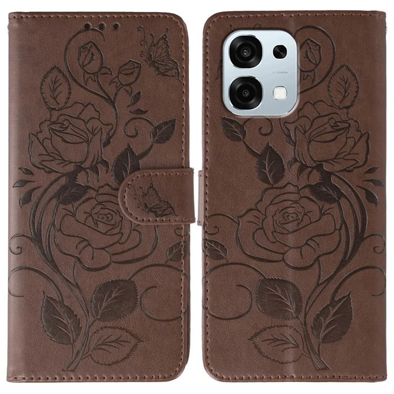 Voor Oppo A6 Pro 5G Hoesje Portemonnee Stand Ingedrukt Roos Vlinder PU Leren Telefoonhoes - Bruin