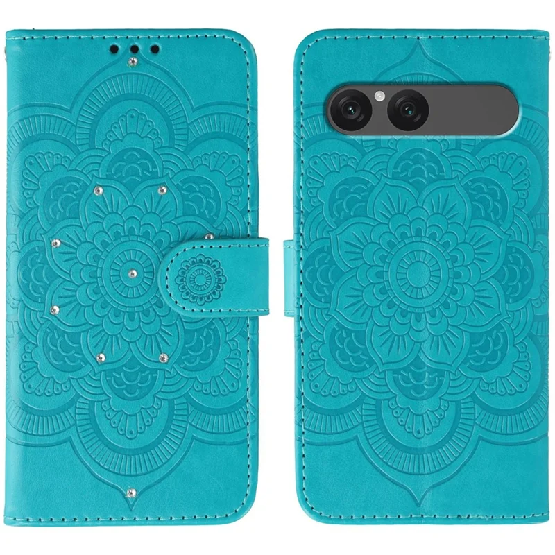 Étui Sony Xperia 10 VII Décoration de strass Cuir PU Impression mandala Housse de téléphone avec dragonne - Bleu