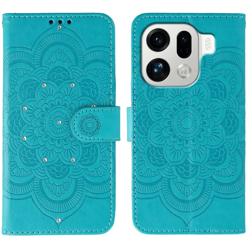Voor Oppo Find X9 Pro 5G Hoesje Strassdecoratie PU Leren Mandala Afdruk Telefoonhoesje met Polsbandje - Blauw