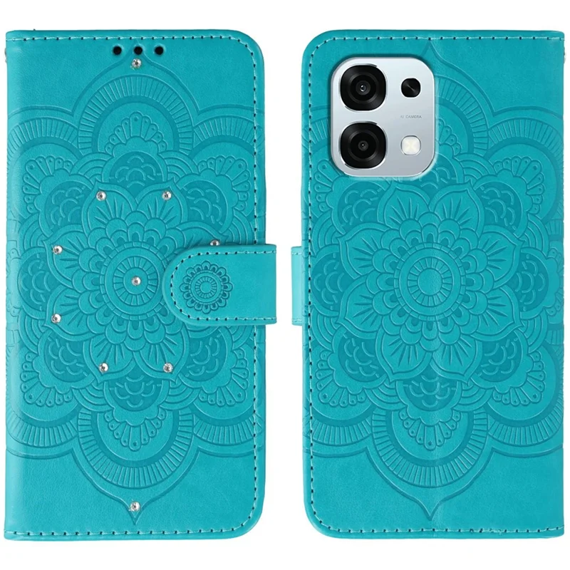 Voor Oppo A6 Pro 5G Hoesje Strassdecoratie PU Leren Mandala Afdruk Telefoonhoesje met Polsbandje - Blauw