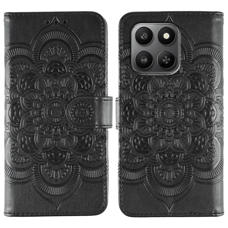 PU Leather Case voor Honor 400 Smart 5G / 400 Smart / X7d 4G / X7d 5G met Mandala-afdruk Design Portefeuille Hoesje met Polsbandje - Zwart