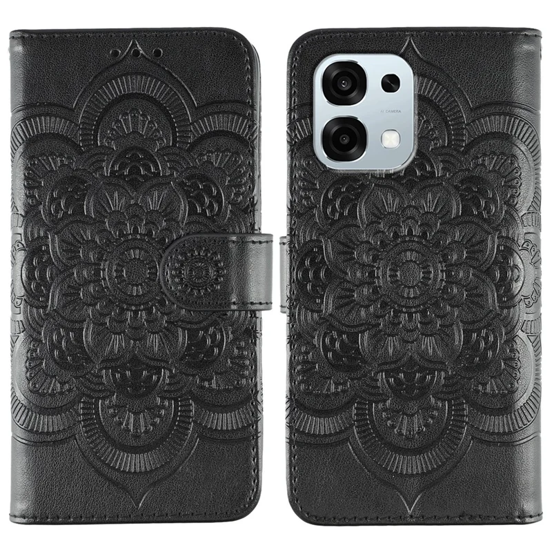 Capa Oppo A6 Pro 5G de Couro PU com Desenho Mandala Estampado - Carteira com Alça de Pulso - Preta