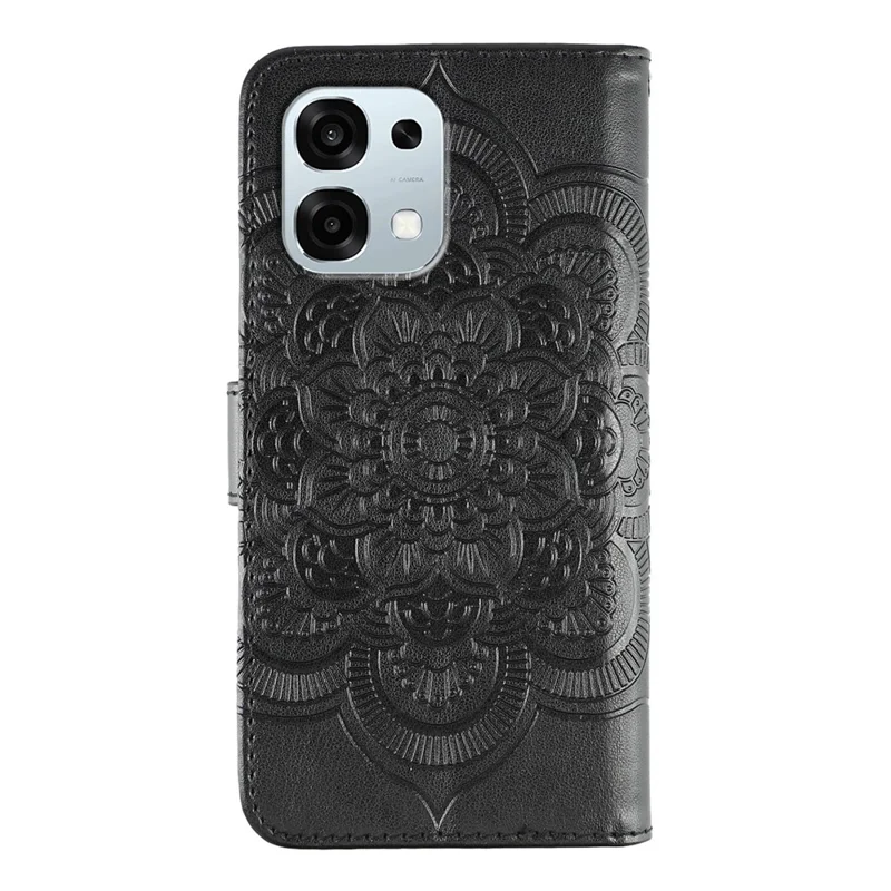 Capa Oppo A6 Pro 5G de Couro PU com Desenho Mandala Estampado - Carteira com Alça de Pulso - Preta