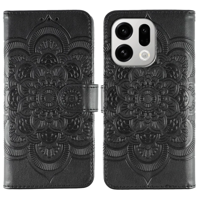 Per Oppo Find X9 5G Case PU Leather Mandala Imprinted Design Wallet Phone Cover con Cinturino da Polso - Nero