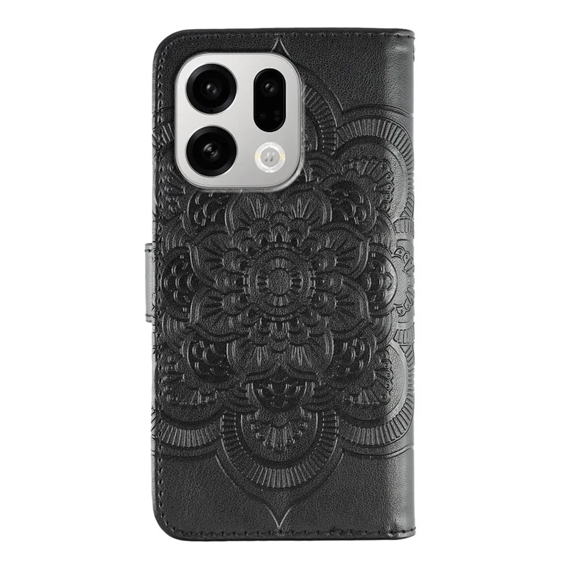 Per Oppo Find X9 5G Case PU Leather Mandala Imprinted Design Wallet Phone Cover con Cinturino da Polso - Nero