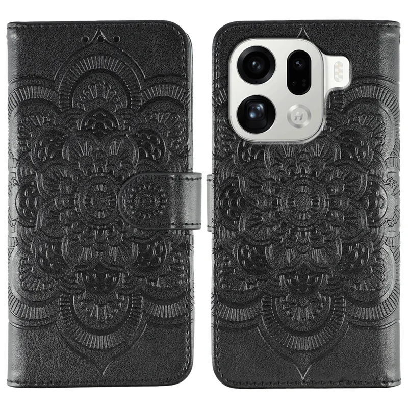Étui Oppo Find X9 Pro 5G en cuir PU avec motif mandala imprimé et dragonne - Noir