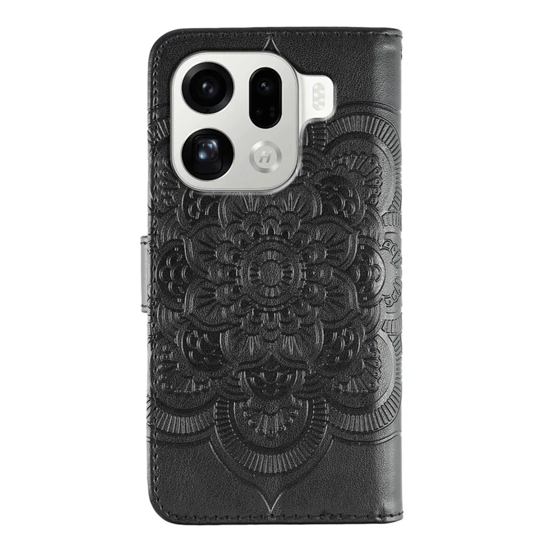 Étui Oppo Find X9 Pro 5G en cuir PU avec motif mandala imprimé et dragonne - Noir