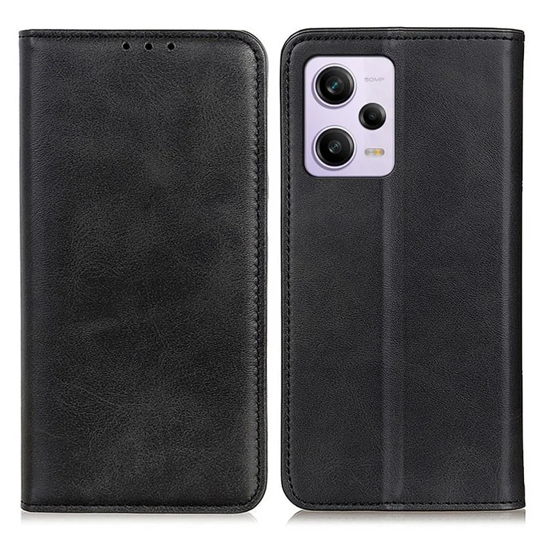 Para Xiaomi Redmi Note 12 Pro 5G / Note 12 Pro Speed 5G / Poco X5 Pro 5G Capa de Telefone à Prova de Choque Dividida em Couro Magnética Auto-absorvida Textura de Couro de Vaca Flip Wallet Cover com Suporte - Preto