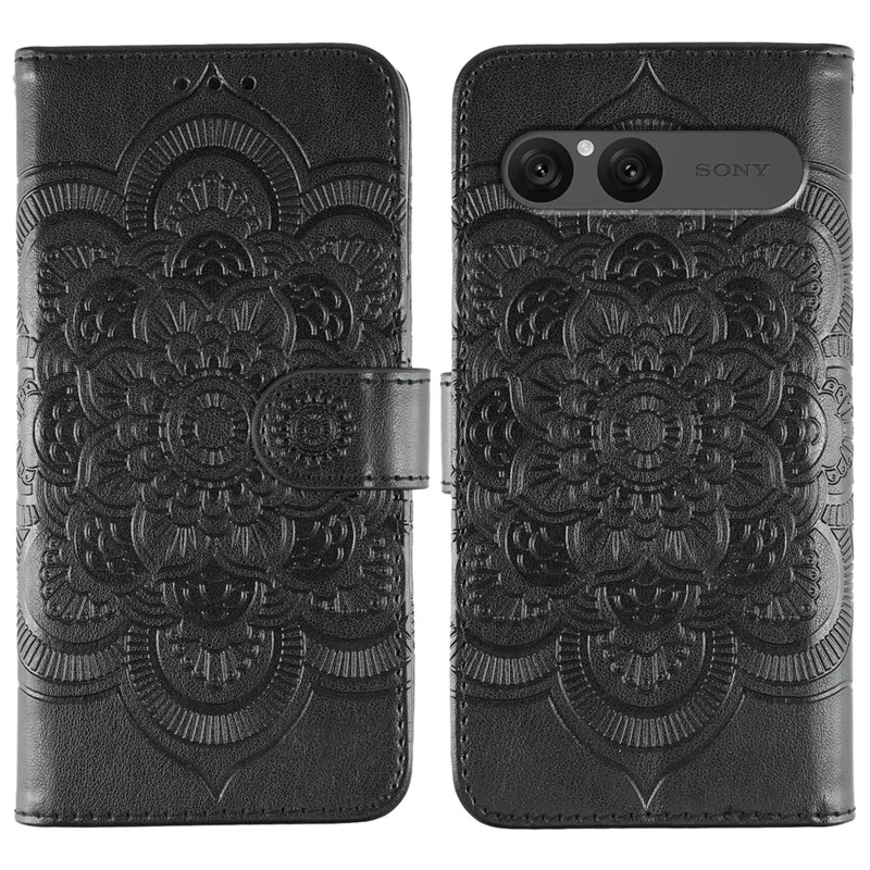 Étui Sony Xperia 10 VII en cuir PU avec motif mandala imprimé, housse de téléphone avec dragonne - Noir