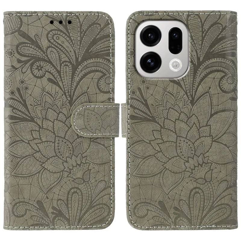 Capa Oppo Find X9 5G - Flores de Renda em Couro PU Flip Wallet - Cinza