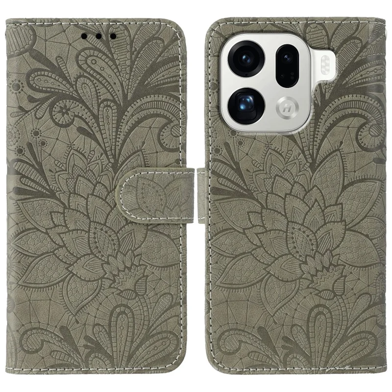 Voor Oppo Find X9 Pro 5G Hoesje Kant Bloemen PU Leren Flip Portemonnee Telefoonhoes - Grijs