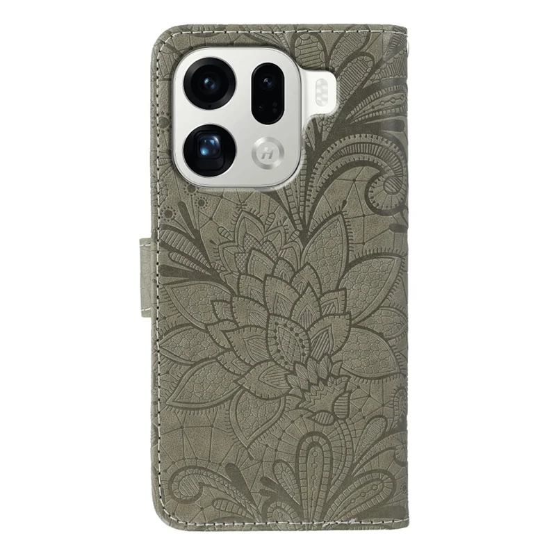 Voor Oppo Find X9 Pro 5G Hoesje Kant Bloemen PU Leren Flip Portemonnee Telefoonhoes - Grijs