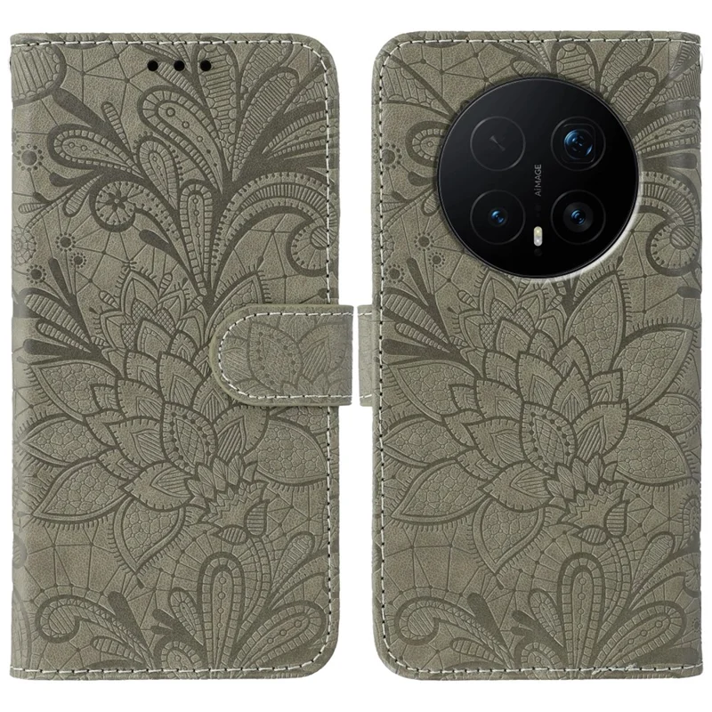 For Honor Magic8 Pro 5G Case Lace Flowers PU Leather Flip Wallet Phone Cover - Grey