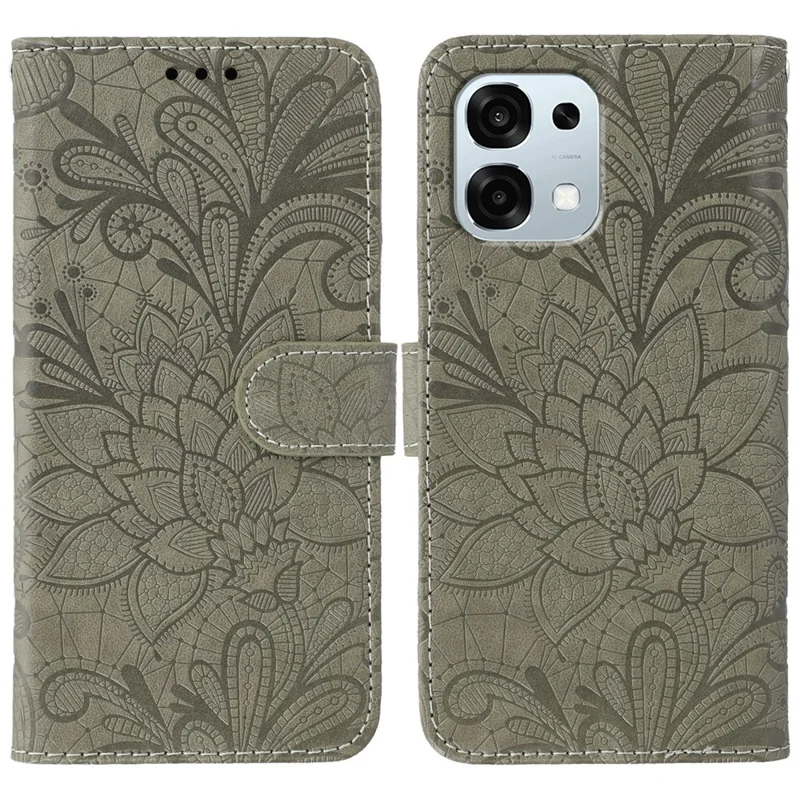 Capa Oppo A6 Pro 5G Flores de Renda Couro PU Carteira Flip Capa de Telefone - Cinza