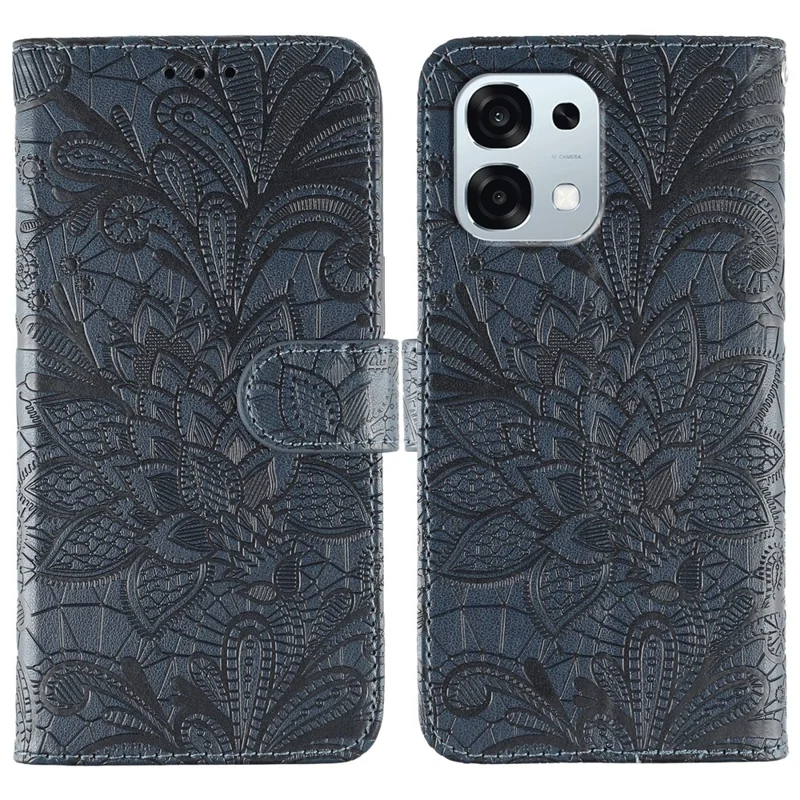 For Oppo A6 Pro 5G Case Lace Flowers PU Leather Flip Wallet Phone Cover - Dark Blue