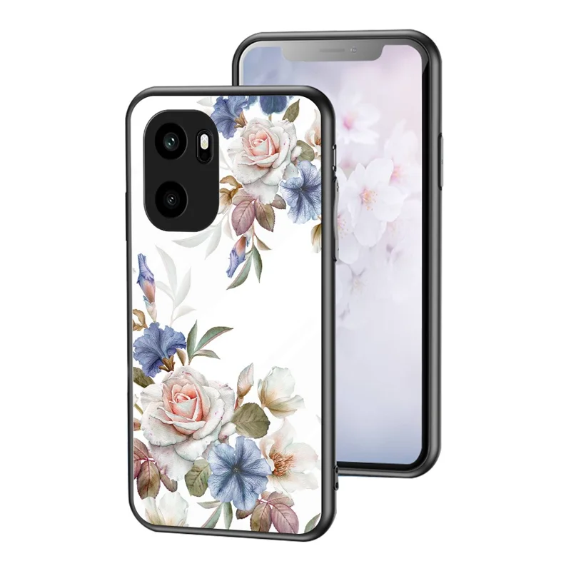 Phone Case For OnePlus Ace 6 5G Floral Pattern TPU + Tempered Glass Protective Cover - White Flower Bush