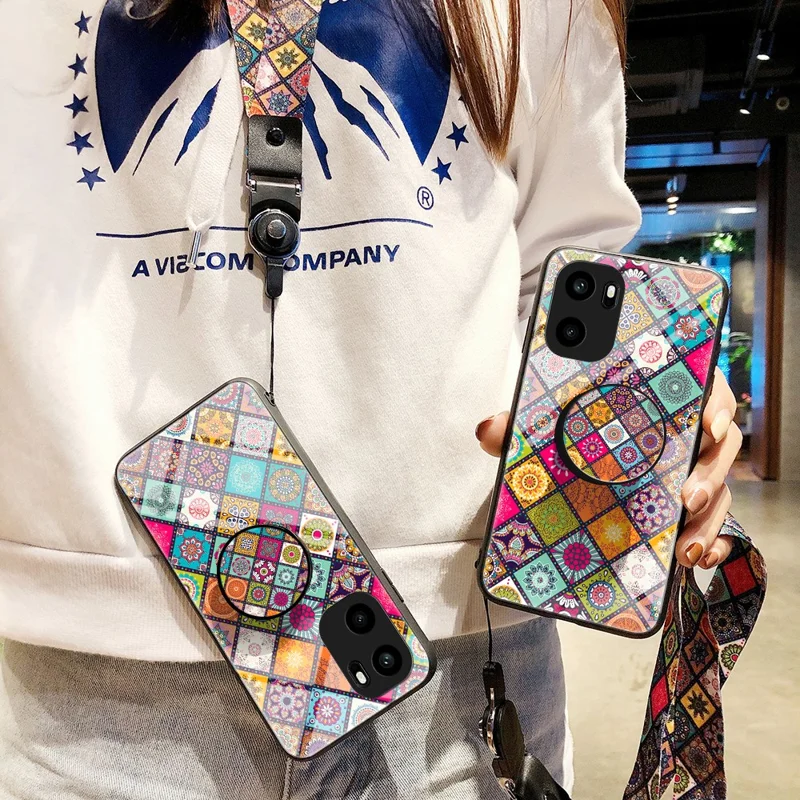 Voor OnePlus Ace 6 5G Hoesje Standaarde Ethnic Patroon Gehard Glas Telefoonhoesje met Riempje - Kleurpatroon