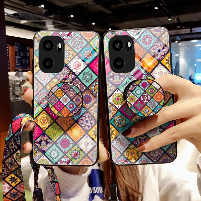 Voor OnePlus Ace 6 5G Hoesje Standaarde Ethnic Patroon Gehard Glas Telefoonhoesje met Riempje - Kleurpatroon