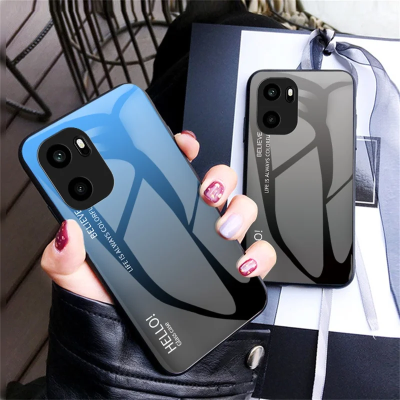 Voor OnePlus Ace 6 5G hoesje Anti-kras Gehard Glas + PC + TPU Telefoonhoes - Verlooproze Blauw