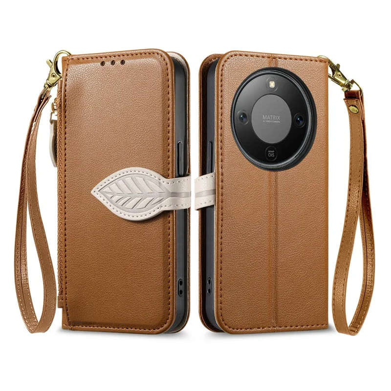 Leaf Clasp Zipper Wallet Case for Honor X70 Pro 5G Shockproof Leather Stand Phone Cover with Strap - Brown