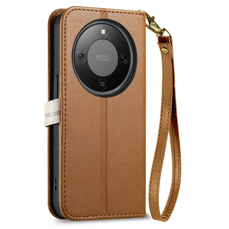 Leaf Clasp Zipper Wallet Case for Honor X70 Pro 5G Shockproof Leather Stand Phone Cover with Strap - Brown