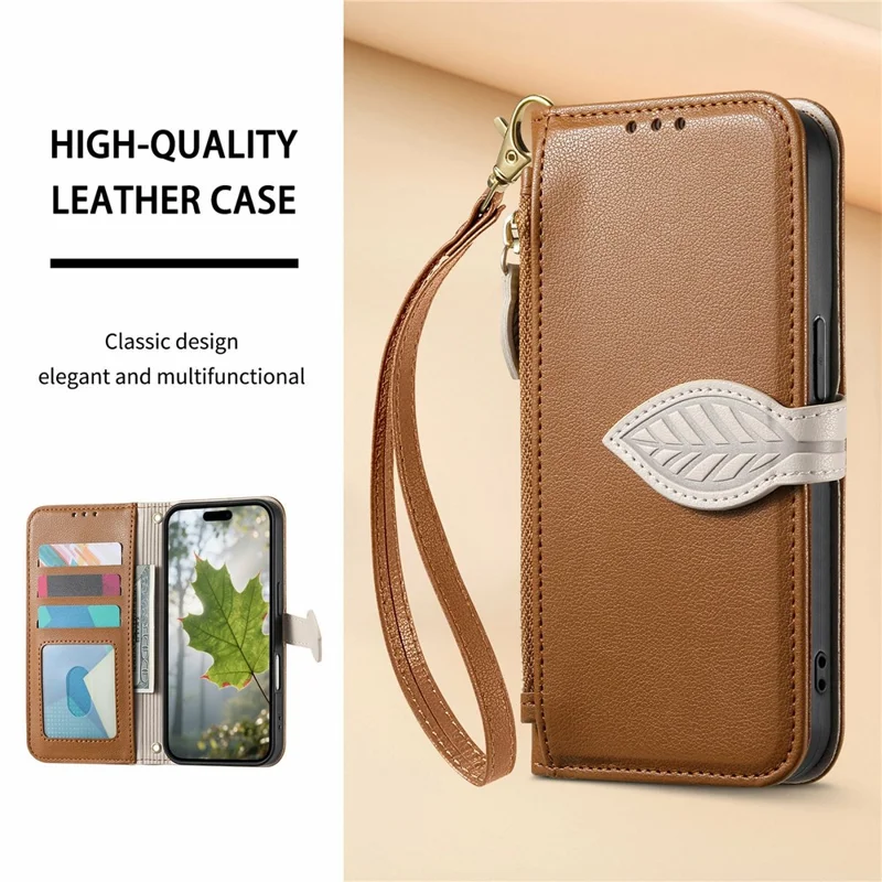 Leaf Clasp Zipper Wallet Case for Honor X70 Pro 5G Shockproof Leather Stand Phone Cover with Strap - Brown