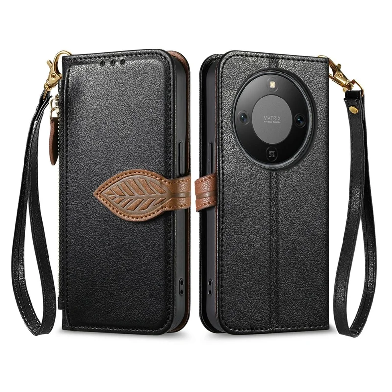 Leaf Clasp Zipper Wallet Case for Honor X70 Pro 5G Shockproof Leather Stand Phone Cover with Strap - Black