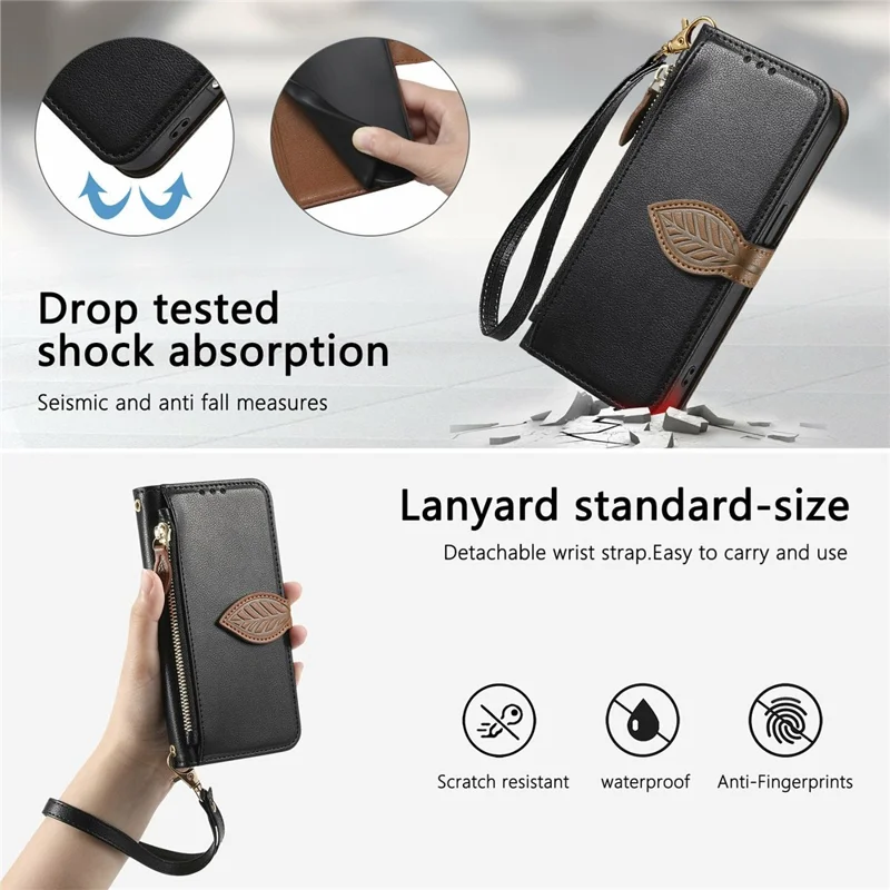 Leaf Clasp Zipper Wallet Case for Honor X70 Pro 5G Shockproof Leather Stand Phone Cover with Strap - Black