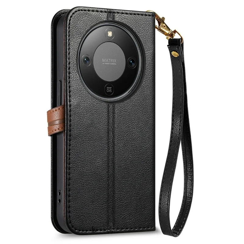 Leaf Clasp Zipper Wallet Case for Honor X70 Pro 5G Shockproof Leather Stand Phone Cover with Strap - Black