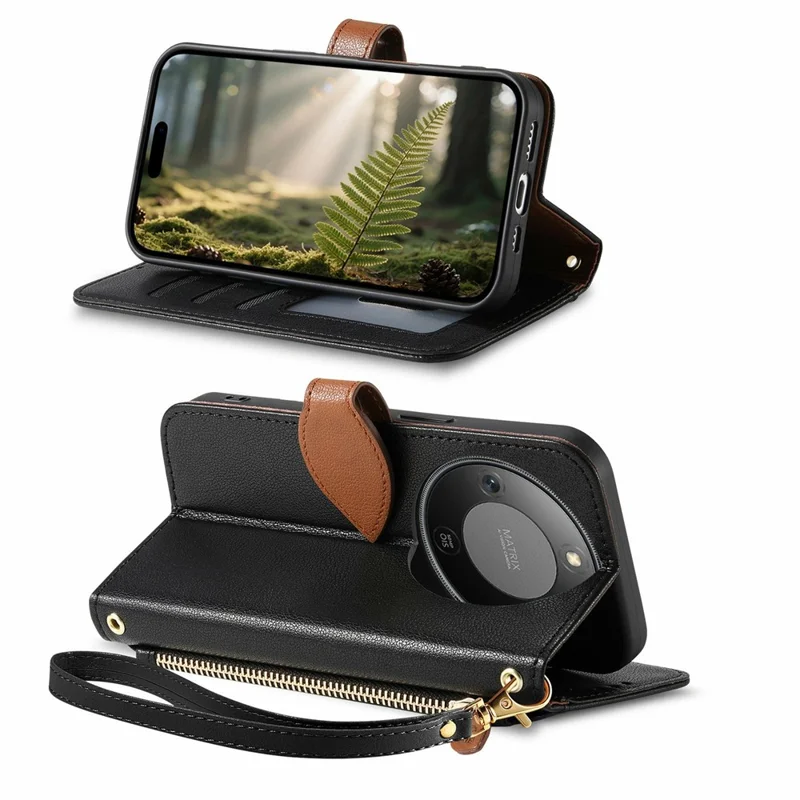 Leaf Clasp Zipper Wallet Case for Honor X70 Pro 5G Shockproof Leather Stand Phone Cover with Strap - Black