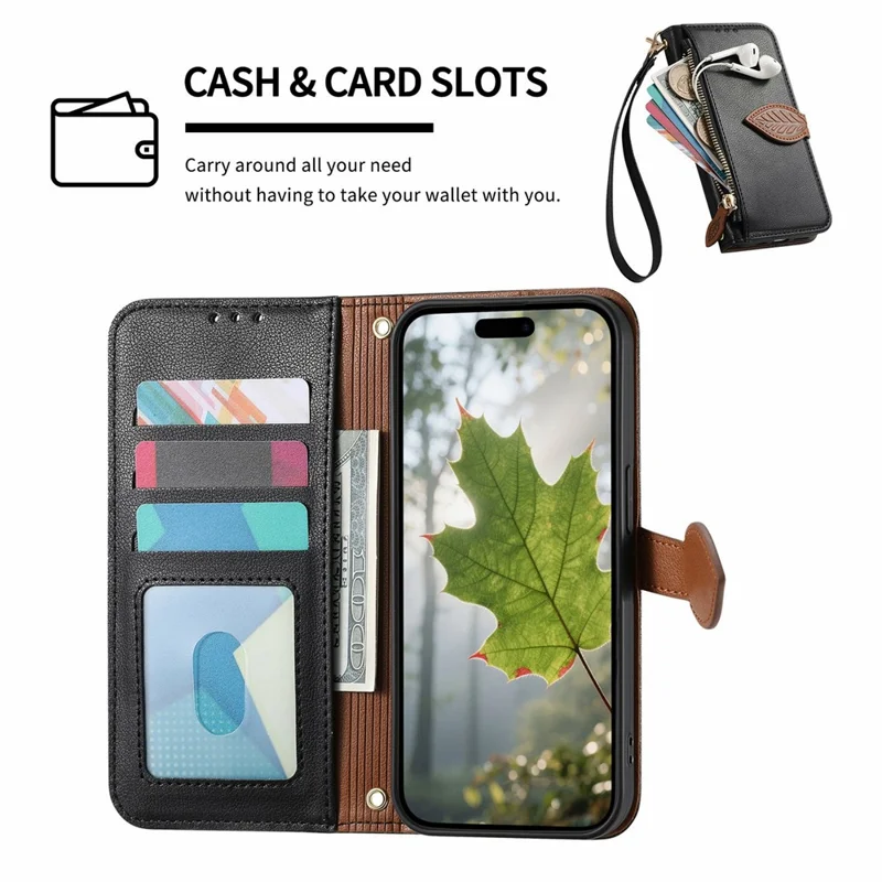 Leaf Clasp Zipper Wallet Case for Honor X70 Pro 5G Shockproof Leather Stand Phone Cover with Strap - Black