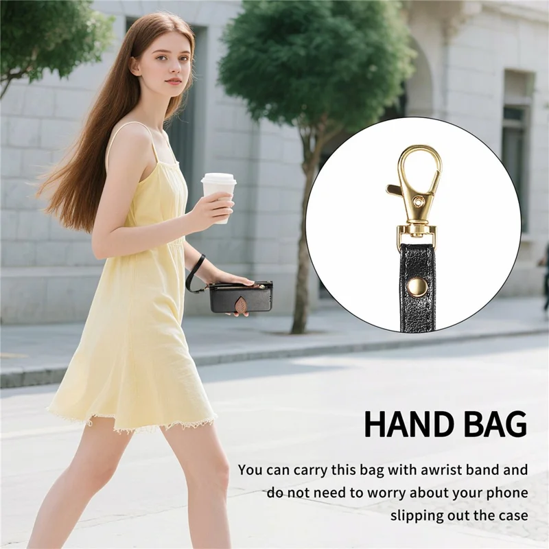 Leaf Clasp Zipper Wallet Case for Honor X70 Pro 5G Shockproof Leather Stand Phone Cover with Strap - Black