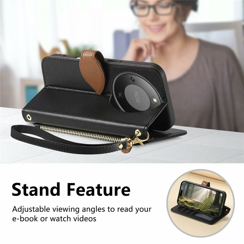 Leaf Clasp Zipper Wallet Case for Honor X70 Pro 5G Shockproof Leather Stand Phone Cover with Strap - Black