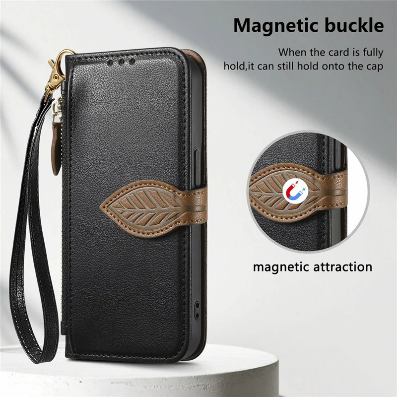 Leaf Clasp Zipper Wallet Case for Honor X70 Pro 5G Shockproof Leather Stand Phone Cover with Strap - Black
