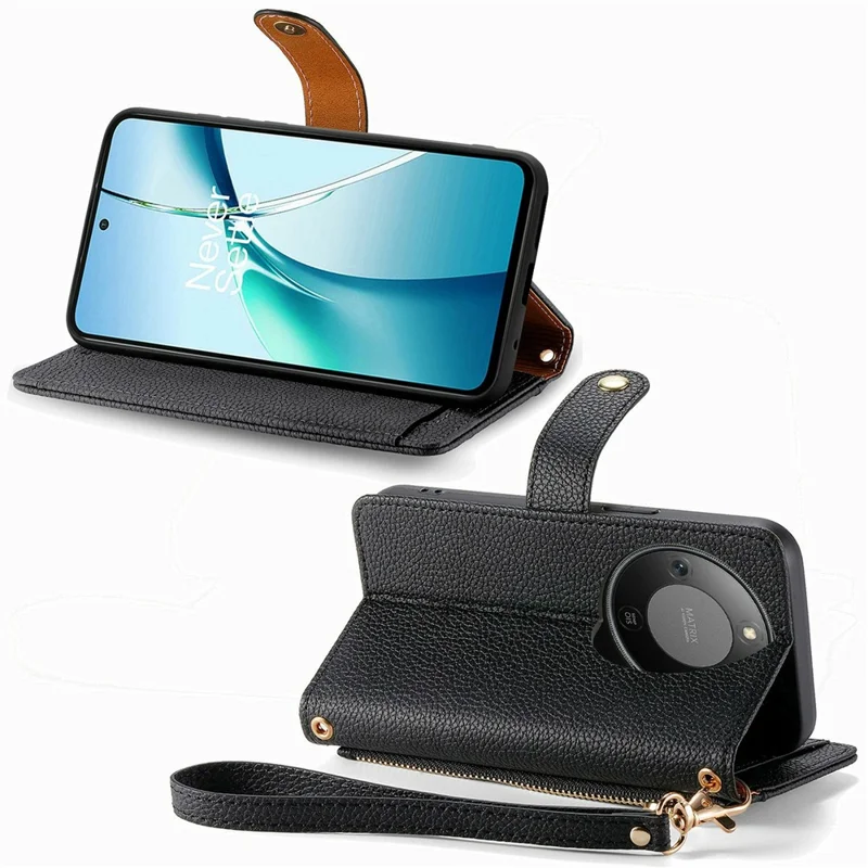 Étui Pour Téléphone X70 Pro 5G Pour Honor Avec Poche Zippée Bloquant RFID Et Bandoulière En Cuir - Noir