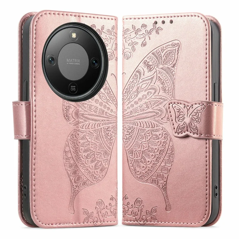 Étui Pour Honor X70 Pro 5G avec Sangle Motif Papillon Cuir PU Portefeuille Housse de Téléphone - Or Rose
