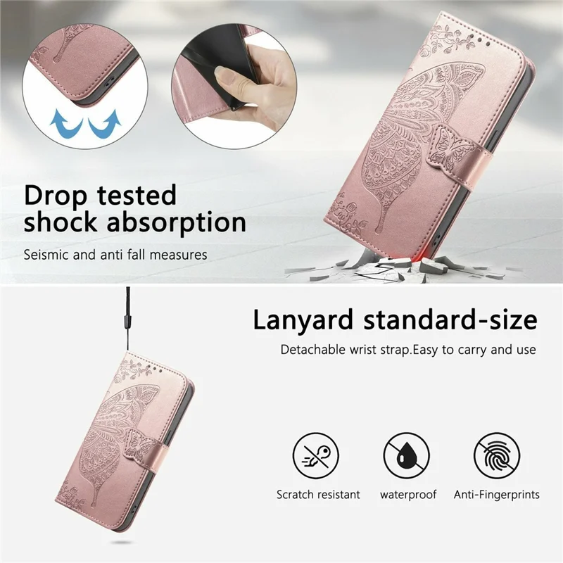 Étui Pour Honor X70 Pro 5G avec Sangle Motif Papillon Cuir PU Portefeuille Housse de Téléphone - Or Rose