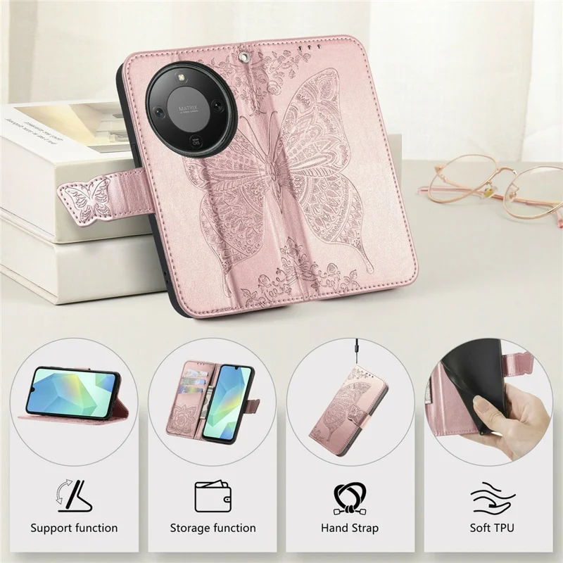 Étui Pour Honor X70 Pro 5G avec Sangle Motif Papillon Cuir PU Portefeuille Housse de Téléphone - Or Rose